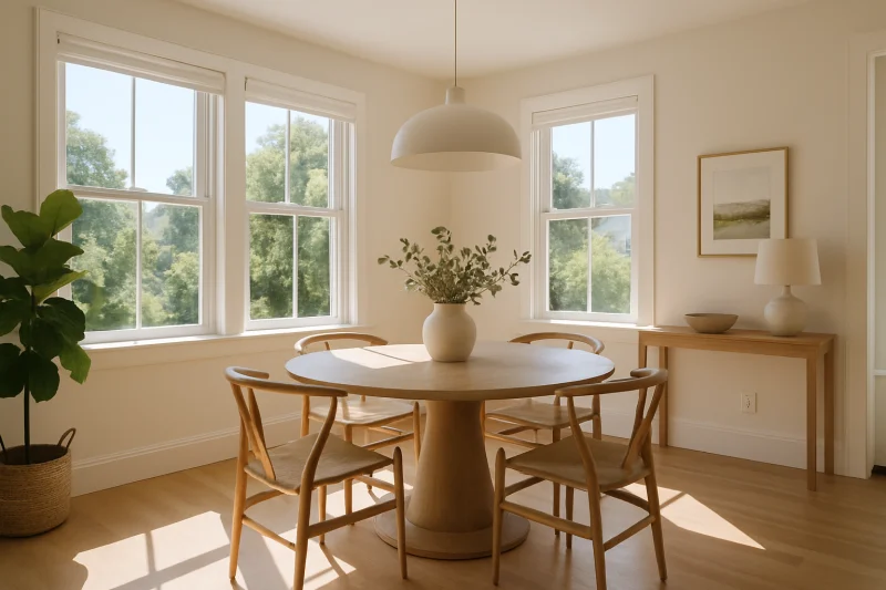 A beautiful sunlit dining area interior with light and minimal styling