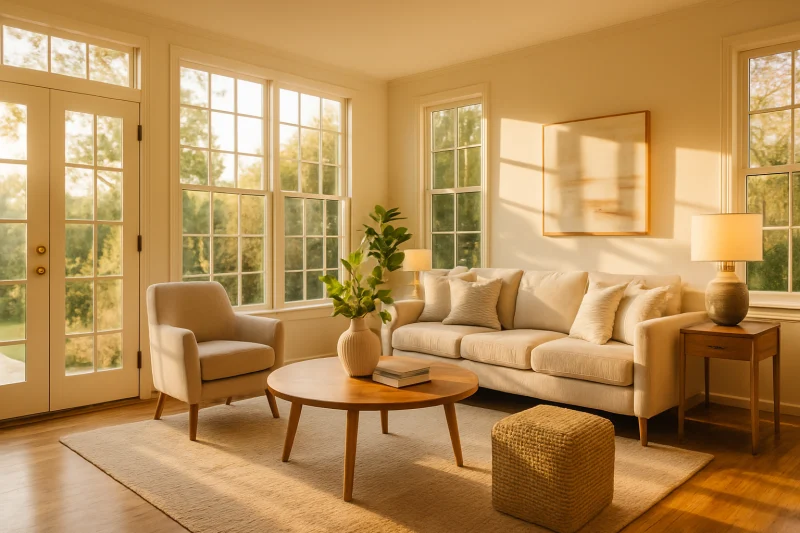 A beautiful airy living space with large windows interior with bright airy styling