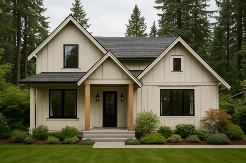 A beautiful, well-maintained modern farmhouse with a soft beige board-and-batten siding exterior, Pacific Northwest style home, tall evergreen tree...