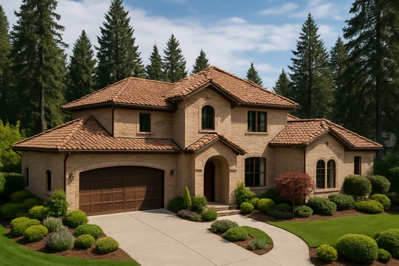 A beautiful, well-maintained Mediterranean-style home with a light tan brick exterior, Pacific Northwest style home, tall evergreen trees, soft ove...