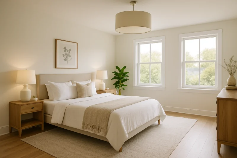 A beautiful spacious primary bedroom interior with light and minimal styling