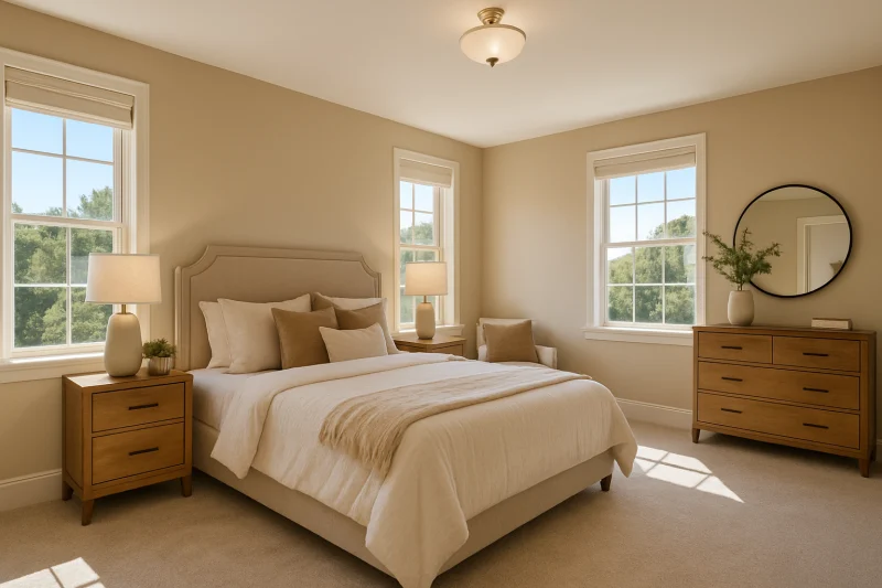 A beautiful spacious primary bedroom interior with warm neutral tones