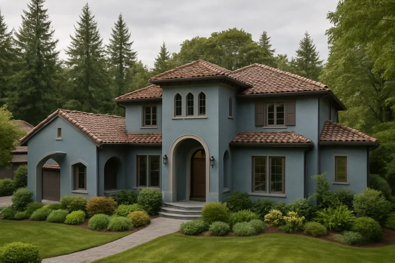 A beautiful, well-maintained Mediterranean-style home with a muted blue-grey warm neutral-toned exterior, Pacific Northwest style home, tall evergr...