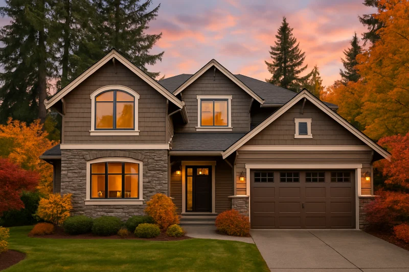 Home 17 A beautiful, well-maintained traditional suburban home with a taupe stone-accented exterior, Pacific Northwest style home, tall evergreen trees, so...