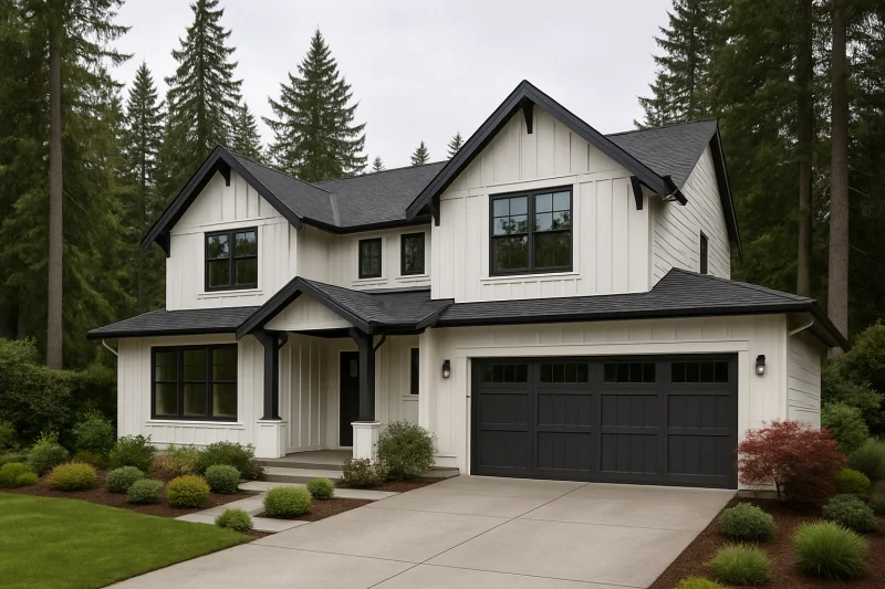 Home 16 A beautiful, well-maintained newly-built home with a white board-and-batten siding exterior, Pacific Northwest style home, tall evergreen trees, so...